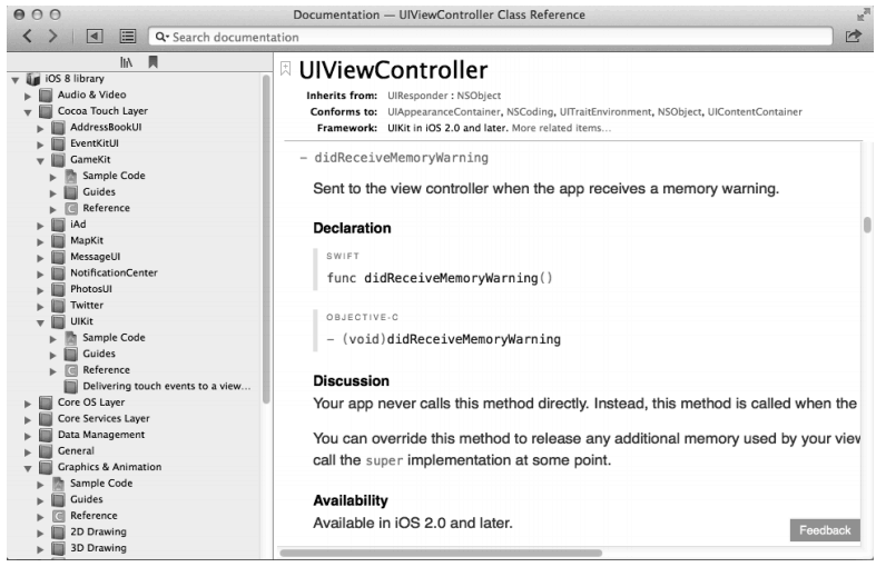 Xcode API帮助搜索结果窗口